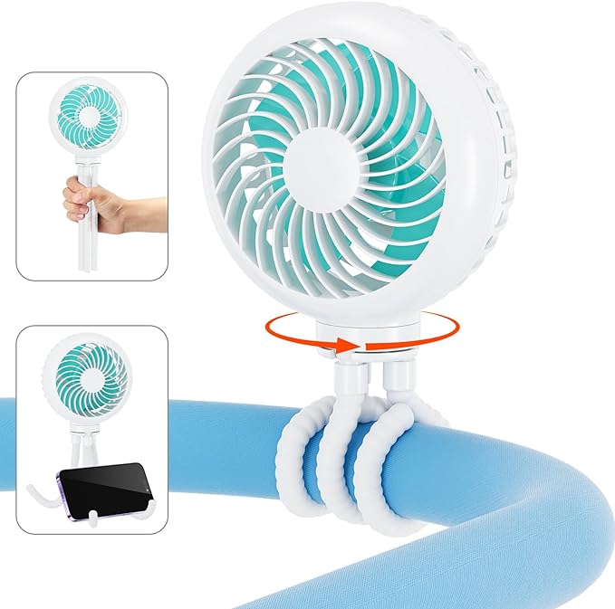 HandFan 4000mAh Battery Operated Stroller Fan Flexible Tripod Clip on Fan with 4 Speeds and Rotatable Max 31Hrs Handheld Personal Fans