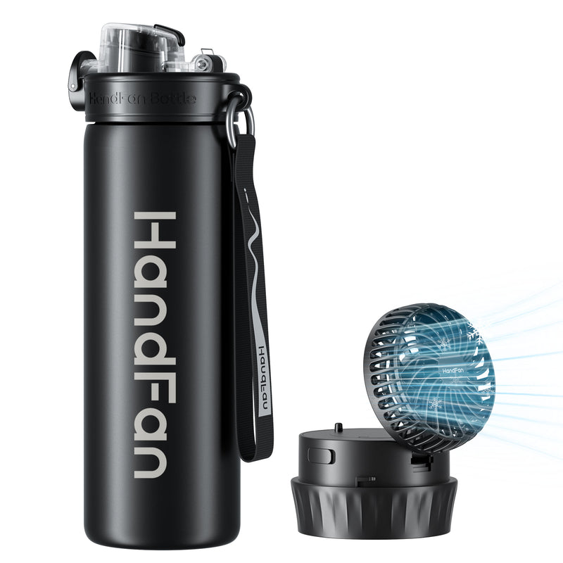 HandFan 24oz handheld stainless steel gym water bottle with cooling fan