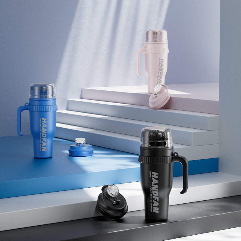 HandFan 40 oz water bottle with built-in fan, straw, and shoulder strap