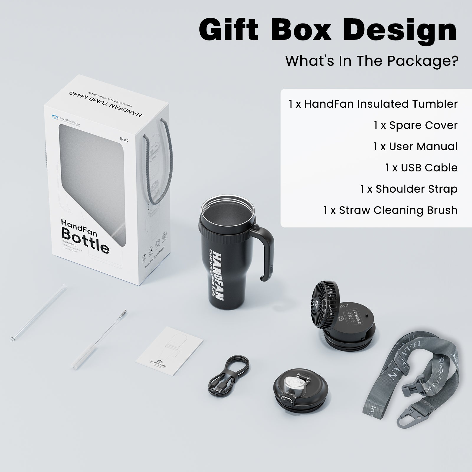 40 OZ Water Bottle Fan - HandFan Tumbler BM440 With Straw & Fan