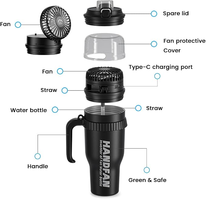 Borraccia da 40 once con ventilatore - HandFan Tumbler BM440 con cannuccia e ventilatore